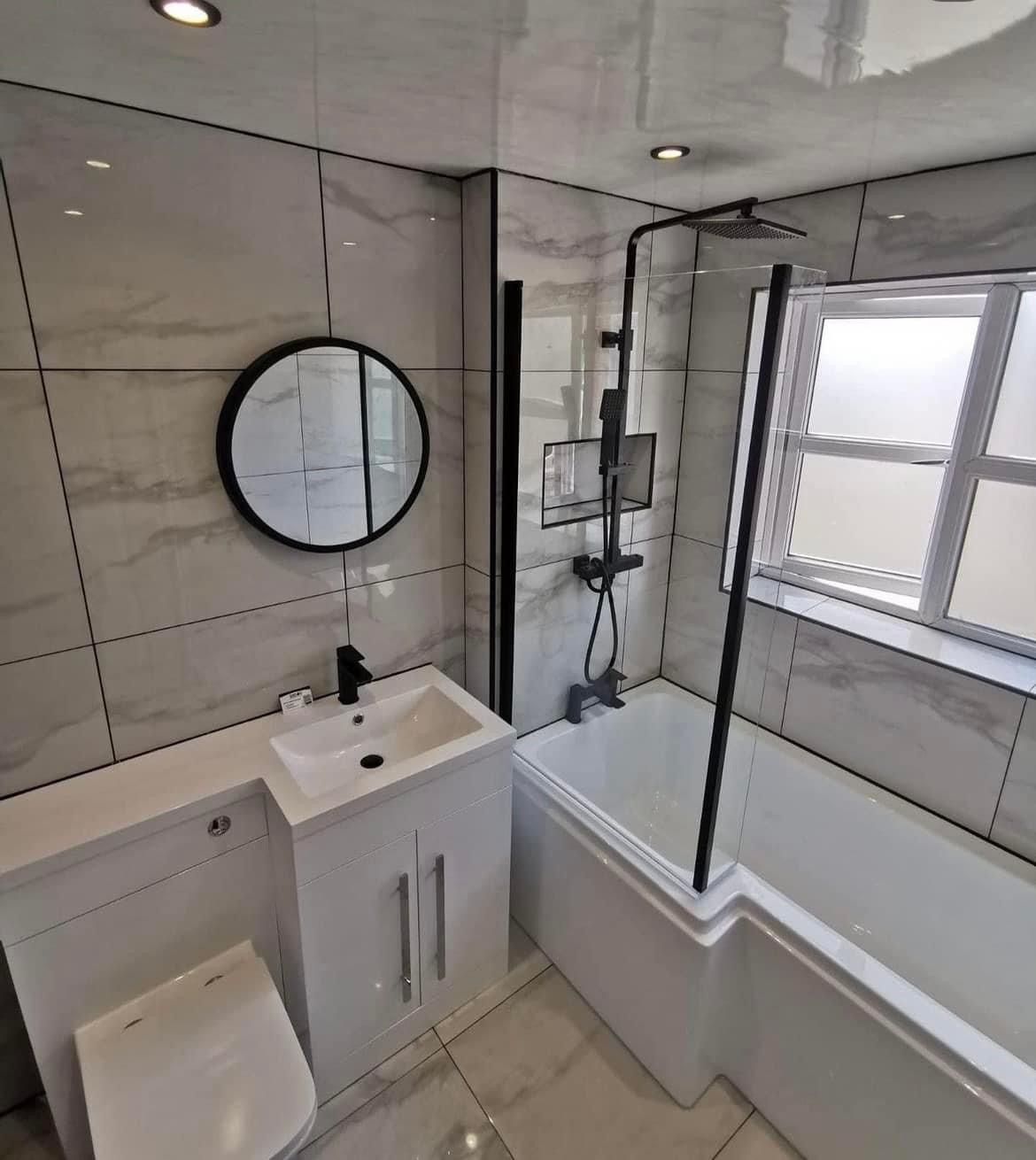 White shower bath and vanity